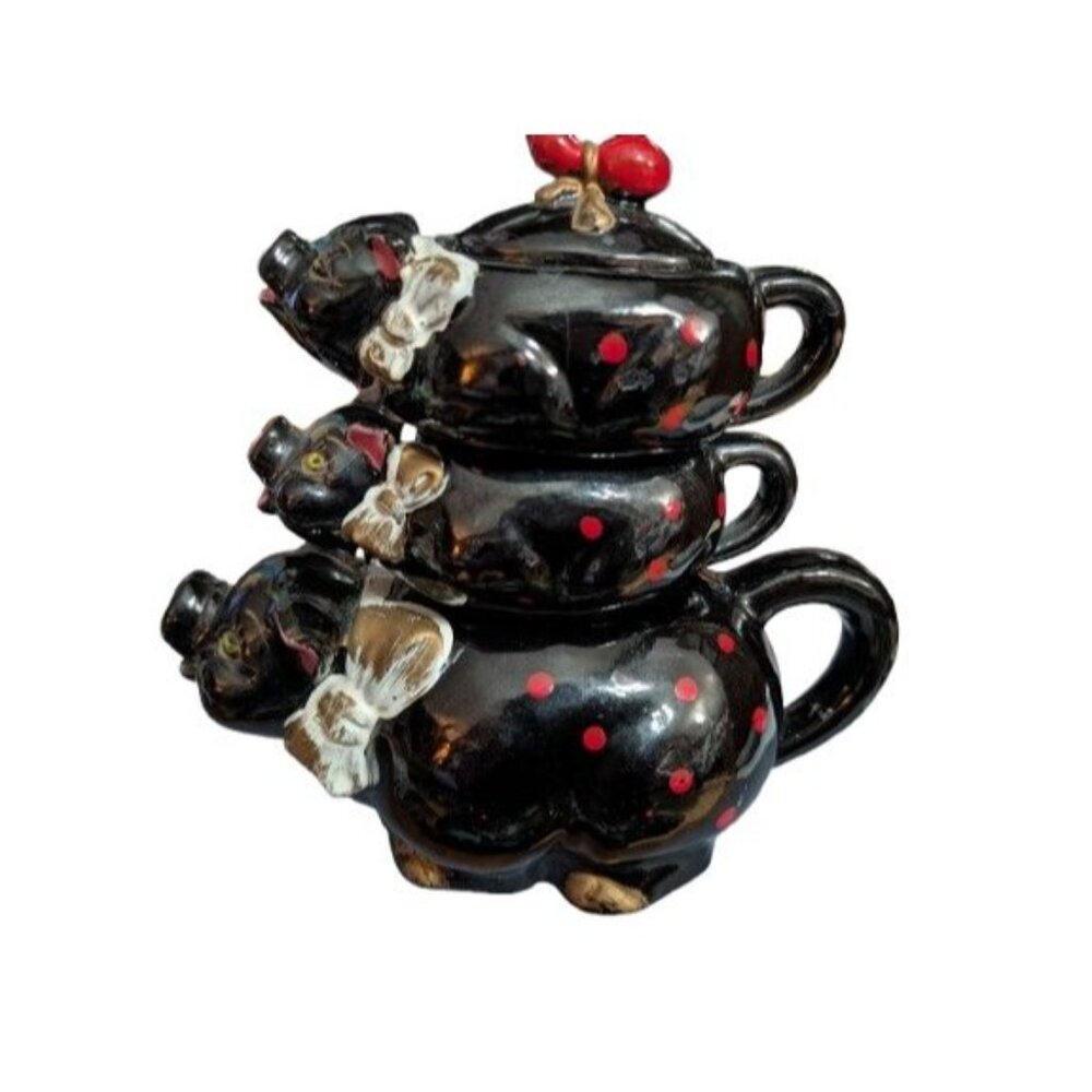 Redware Stacking Black Pig Teapot Creamer and Sugar JAPAN Tea for One